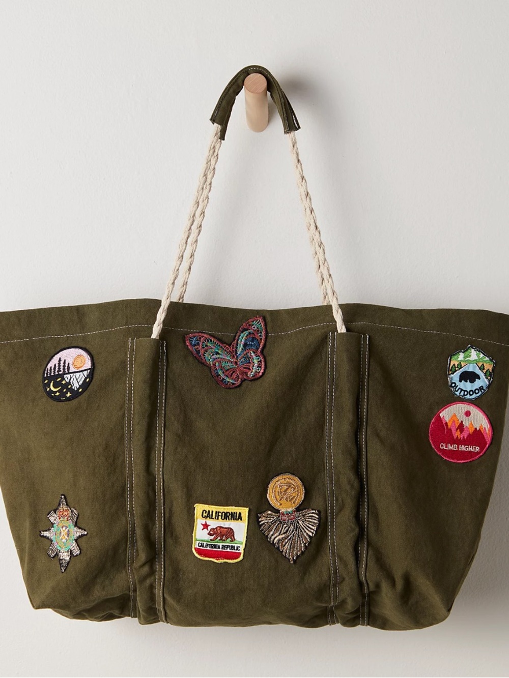 Free People Olive Green Canvas Patch Tote with Rope Handles